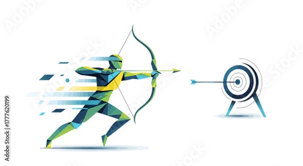 Fototapeta Dynamic Archer Releasing Arrow Towards Target in Graphic Illustration, Conceptual Sports Environment, Action-Packed Scene