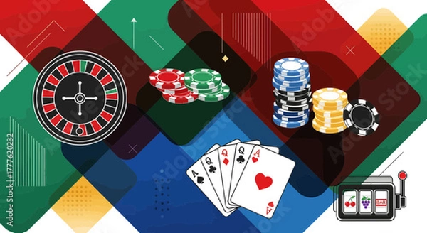 Fototapeta Roulette, Poker, and Slots in a Vibrant Gaming Environment, High Stakes, Digital Art Illustration