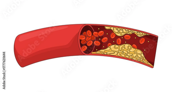 Obraz Cholesterol plaque obstructing blood flow 2D vector illustration. Impeding red bloodcell circulation. Coronary artery disease flat object isolated on white background. Colorful cartoon image