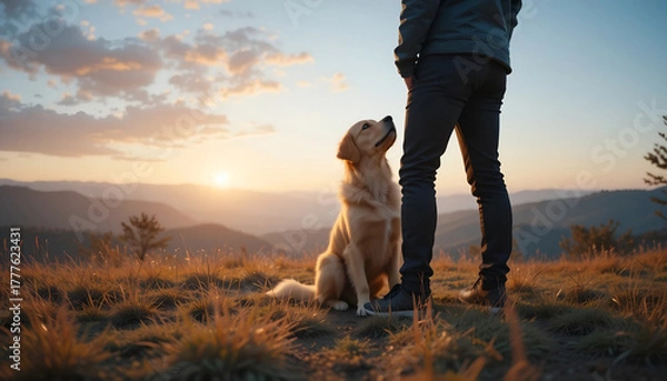 Obraz A loyal Golden Retriever dog sitting patiently beside its owner on a mountain summit during a scenic, misty sunset or sunrise, highlighting themes of companionship and adventure, perfect for travel 