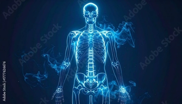 Fototapeta Digital human skeletal system glowing in blue with anatomical accuracy on dark background for editorial medical photography anatomy decor and poetic resilience-themed visuals
