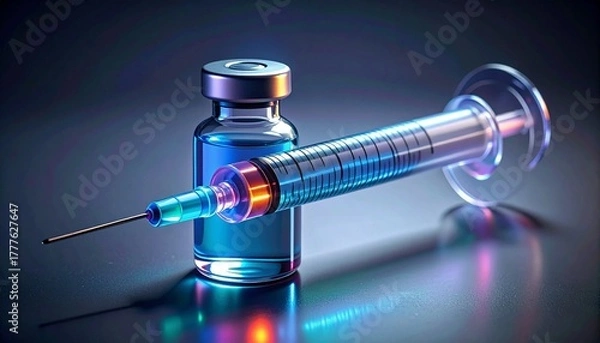 Fototapeta Futuristic syringe and vial with glowing blue-purple liquid on dark background for editorial medical technology photography biotech decor and poetic innovation-themed visuals