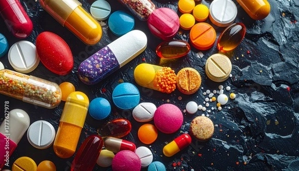 Fototapeta Assorted pills and capsules in various colors and shapes scattered on dark surface with bokeh lighting for editorial pharmaceutical photography medication decor and poetic healthcare-themed visuals