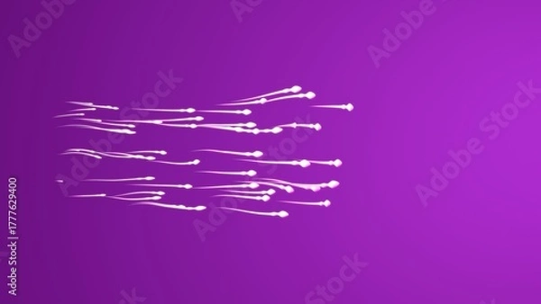 Fototapeta A group of bright white spermatozoa move dynamically across a vibrant purple background in this minimal 3D composition. The flowing, organic shapes and surreal lighting emphasize motion and biology