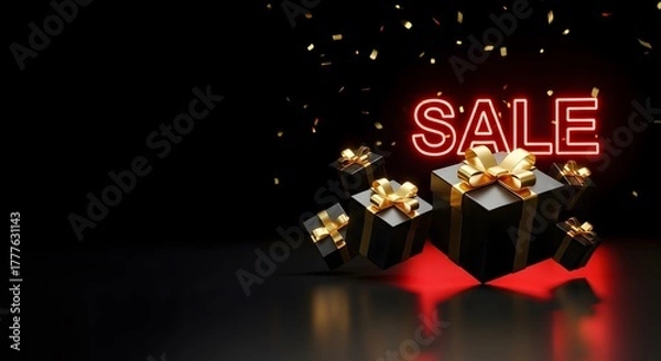 Obraz Minimal floating black and gold SALE tags around blank product pedestal