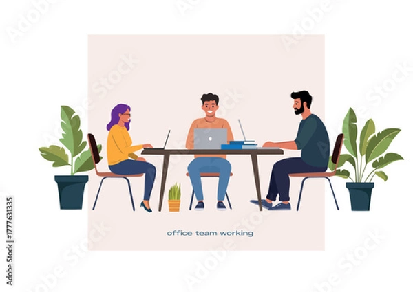 Fototapeta Flat vector illustration of diverse office team working together on a project