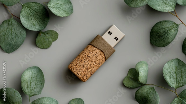 Fototapeta Eco-friendly cork and leather decorations on the body of an open USB flash drive