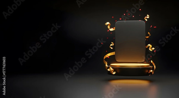 Obraz Minimal floating black and gold SALE tags around blank product pedestal