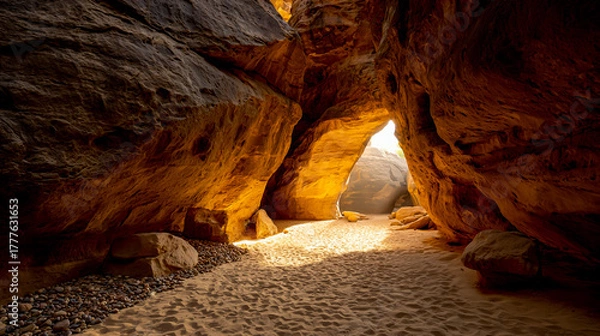 Obraz The entrance to the cave is lined with smooth pebbles