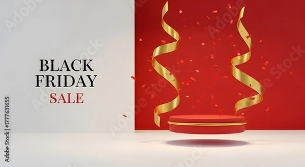 Fototapeta Minimal white background with floating red SALE tags around blank product pedestal