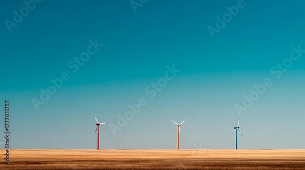 Fototapeta Three wind turbines stand on the horizon of an open field