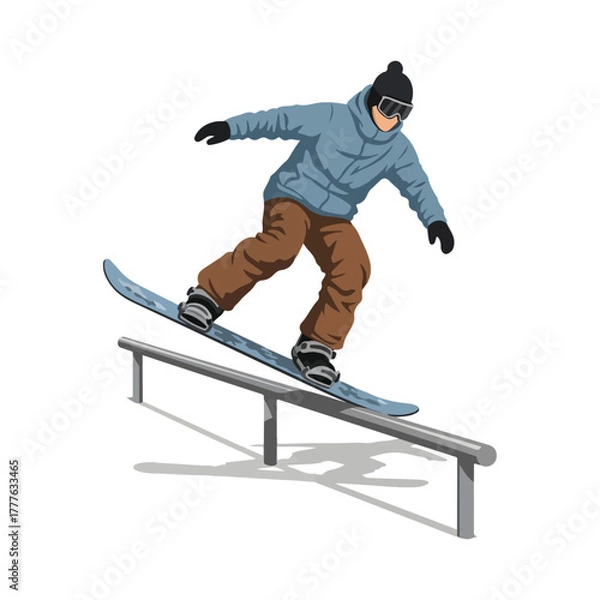 Obraz Snowboarder performing a trick on a rail, wearing winter gear.