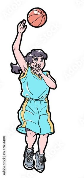 Obraz バスケットボールでフックシュートをする水色のウェアを着た女子選手のイラスト