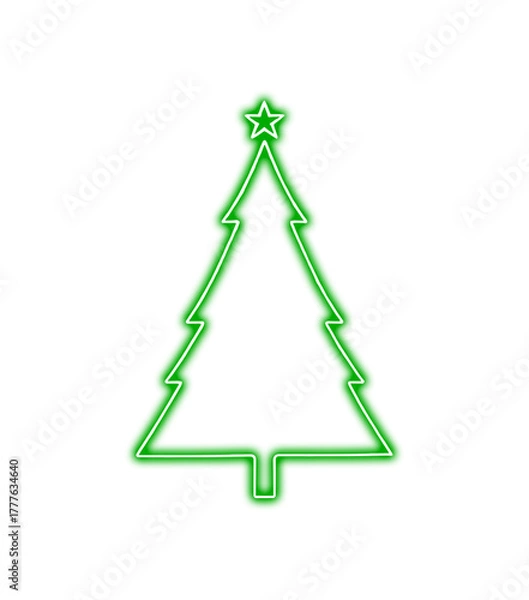 Fototapeta Green neon outline of a christmas tree with a star on top, isolated on transparent background.