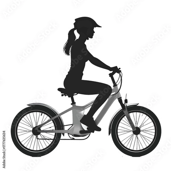 Fototapeta Silhouette of a Woman Riding an Electric Bicycle Wearing a Helmet on a White Background in Profile View