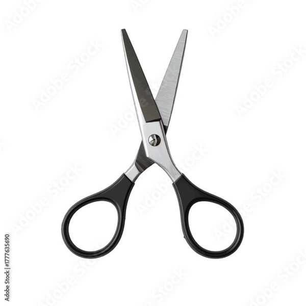 Fototapeta Silver Metal Scissors With Black Handles Open And Ready To Cut Against A White Background