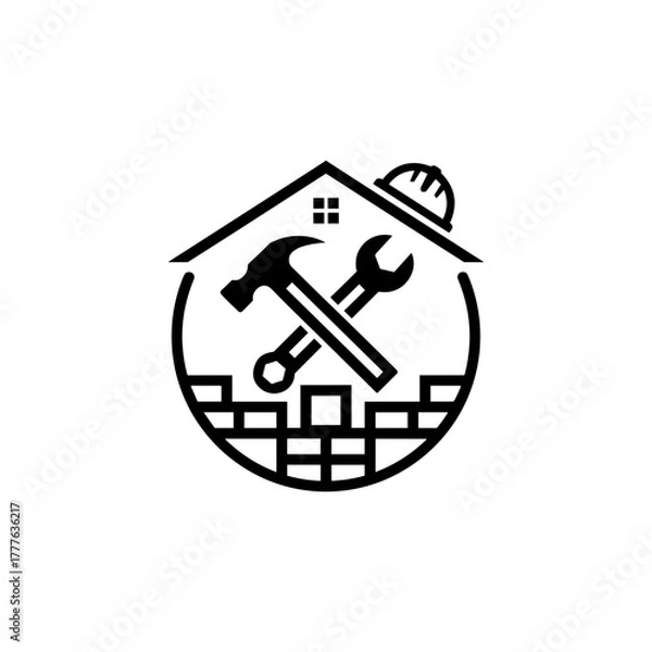 Fototapeta Construction tools and house icon in minimalistic style  