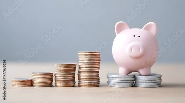 Obraz Conceptual image representing financial accumulation and investment strategy with a piggy bank positioned on ascending coin stacks signifying wealth building and future security