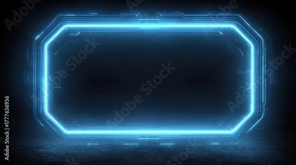 Fototapeta Futuristic Blue Neon Frame on Dark Background for Digital Display
