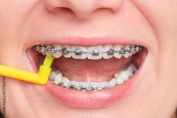Obraz A young woman cleans her braces with a special toothbrush with her mouth open. Concept of oral dental health care and hygiene. Shallow depth of field