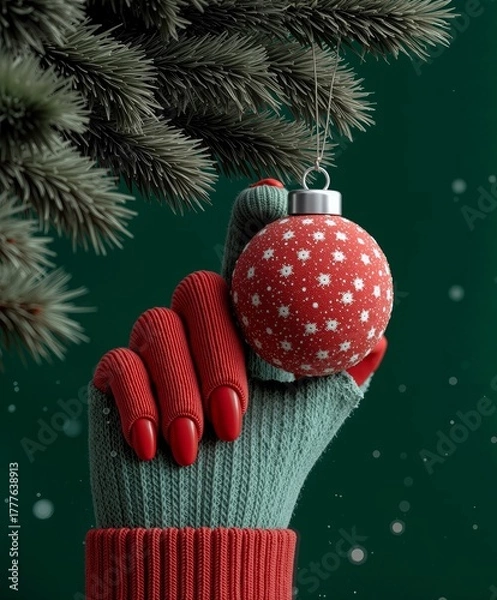 Fototapeta Cozy winter moment with a red knit glove hanging a festive ornament on a snowy pine branch. Warm holiday charm, rich seasonal colors, and sparkling Christmas vibes perfect for celebration themes.