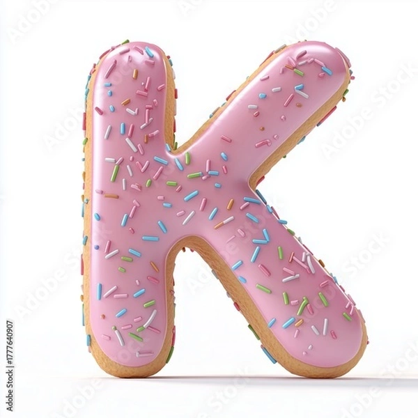 Obraz A font K donut shape with pink cream topping, snack food isolated white