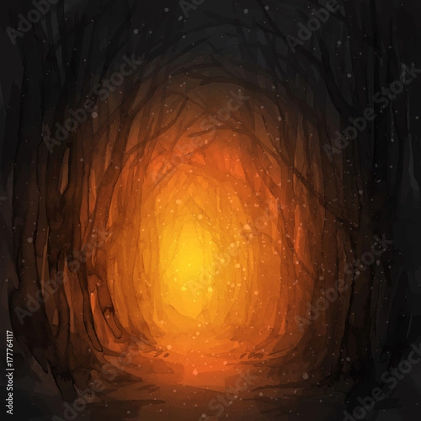Fototapeta Woodland path. Ghostly forest trail, watercolor illustration. Old trees, enchanted forest, into the woods. Halloween vector background. Magic lights.