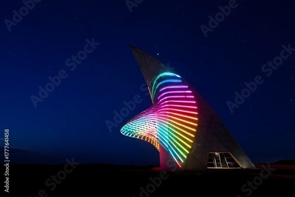 Fototapeta Illuminated sculpture under a dark sky with vibrant colors and unique architecture