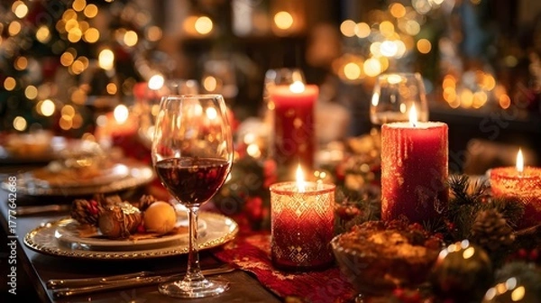 Fototapeta Beautiful Christmas dinner table setup in bokeh lights