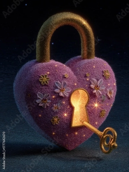 Obraz Colorful heart lock with a shining key.