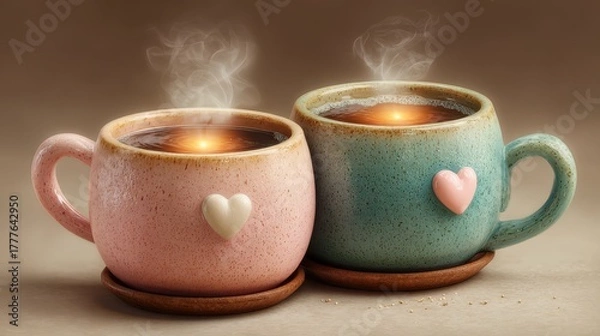 Obraz Cozy mugs with steaming beverages for warmth.