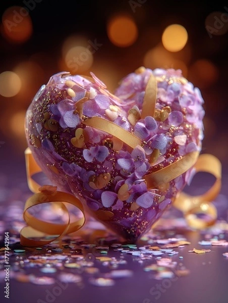 Fototapeta Decorative heart with flowers and glitter accents.