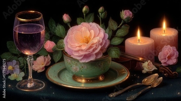 Fototapeta Elegant table setting with flowers and candles.