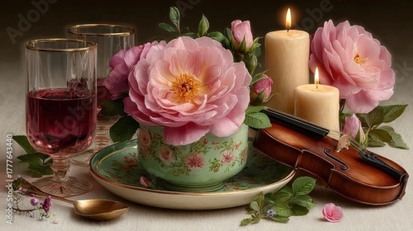 Fototapeta Elegant setup with flowers and candles.