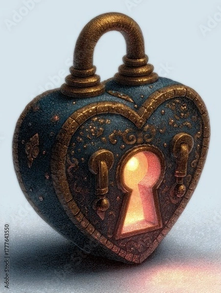 Fototapeta Intricate heart-shaped lock with a glowing keyhole.