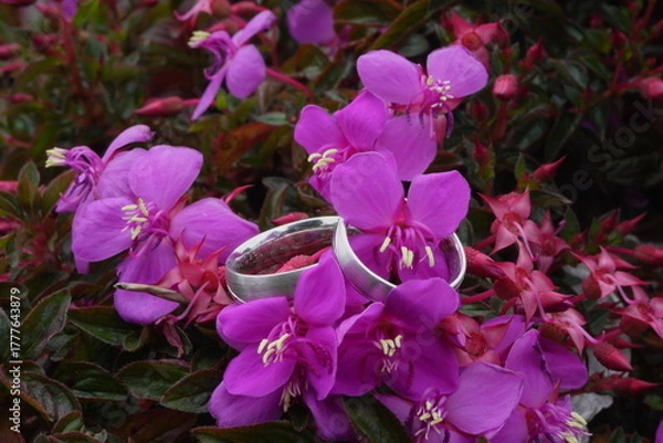 Fototapeta joyas de bodas entre flores moradas