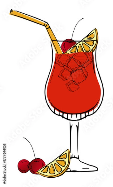 Fototapeta Illustrated cocktail in a glass with lemon and cherry garnish, perfect for a summer refreshment.