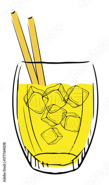 Fototapeta Illustration of a yellow cocktail with ice cubes and straw, perfect for summer parties and celebrations.