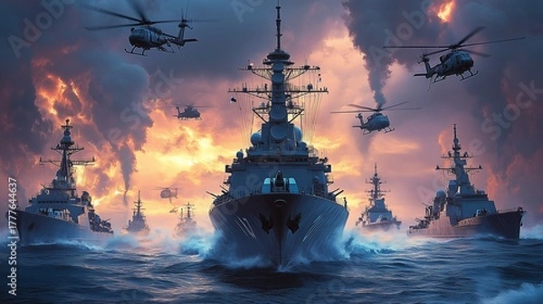 Fototapeta Powerful Naval Fleet of Warships and Attack Helicopters Navigating Rough Seas at Sunset