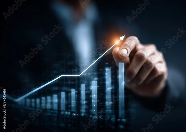 Fototapeta Business Growth Chart: A Hand Touching a Rising Bar Graph, Symbolizing Financial Increase, Strategic Planning, and the Pursuit of Success in Investment Management