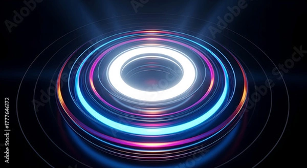 Obraz Abstract Technology Neon Rings Glowing Light Dark Background Copy Space