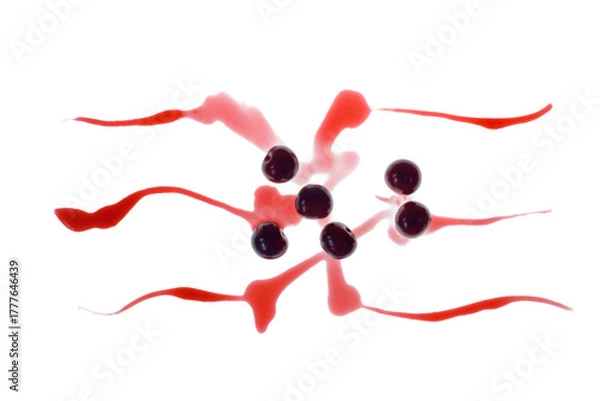 Fototapeta Cherry berries with radiating juice trails - molecular rhythm and symbolic motion
