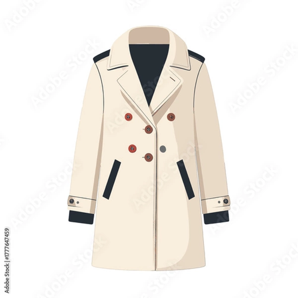 Fototapeta Cream Double Breasted Trench Coat with Black Accents and Red Buttons Studio Shot Fashion Outerwear Apparel Detailed Front View