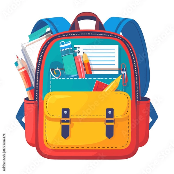 Fototapeta Open Red And Yellow Backpack Filled With School Supplies Including Pencils Pens Notebook And Ruler Against A White Background
