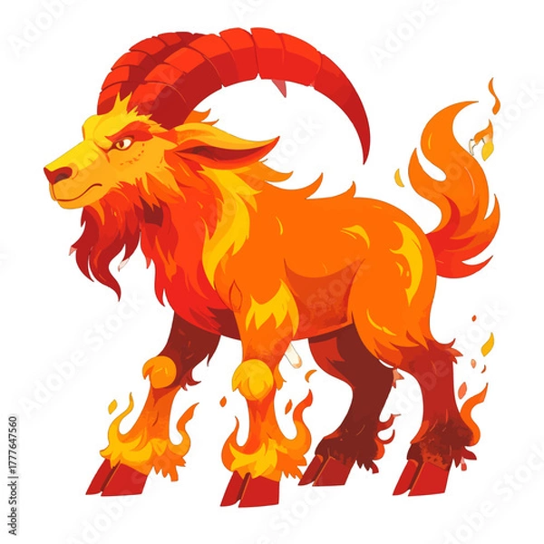 Fototapeta Fiery Ram Creature With Large Curved Horns And Flaming Hooves And Tail