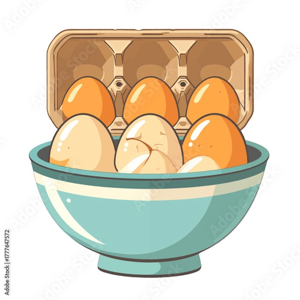 Fototapeta Six Fresh Eggs In A Teal Ceramic Bowl With A Cardboard Carton Container In A Studio Setting