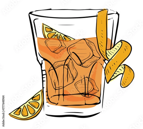 Fototapeta Vibrant cocktail with ice cubes, citrus slice, and lemon peel, captured in artistic style for vibrant designs.
