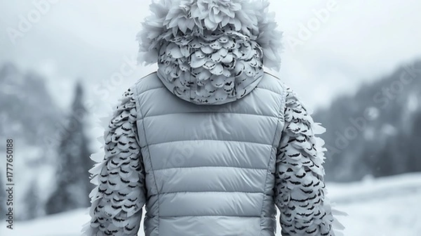 Obraz Silver Petal Hooded Winter Jacket in Snowy Forest Background