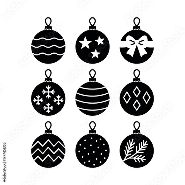 Obraz 
An illustration depicting a set of black icons of a festive Christmas tree ball, on a white background.