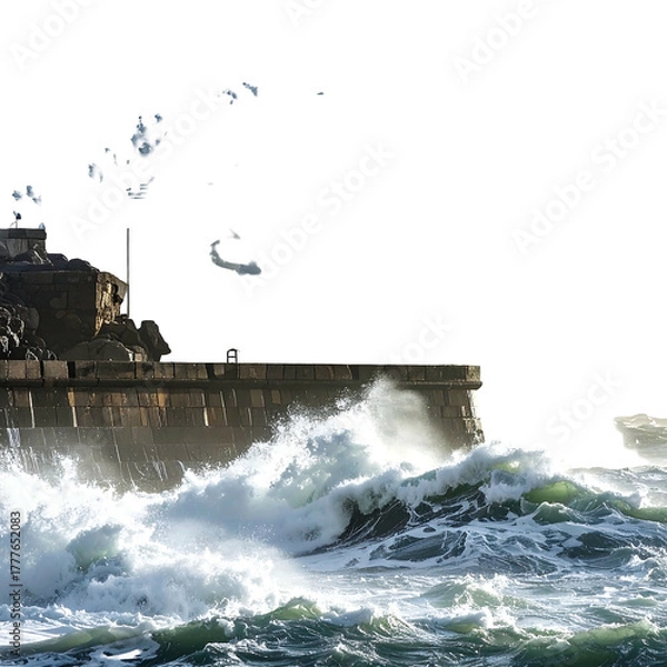 Obraz A coastal scene depicts powerful waves crashing against a stone structure, illuminated by bright sunlight and contrasting against a dark sky